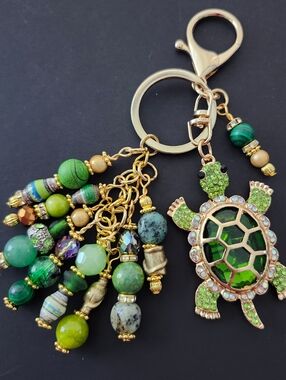 Rhinestone Turtle Purse Charm or Keychain Jade Jasper Aventurine Handcrafted